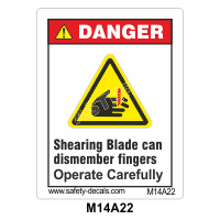Safety Decals DANGER.  Shearing Blade can dismember fingers. Operate Carefully. 