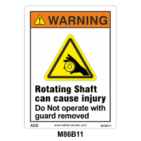 Safety Decals WARNING  Rotating Shaft can cause injury. Do not operate with guard removed.