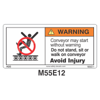 Safety Decals WARNING. Conveyor may start without warning. Do not stand, sit or walk on conveyor. Avoid Injury.