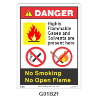 Safety Decals DANGER  Highly Flammable Gases and Solvents are present here. No Smoking. No Open Flame.