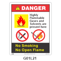 Safety Decals DANGER  Highly Flammable Gases and Solvents are present here. No Smoking. No Open Flame.