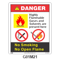 Safety Decals DANGER  Highly Flammable Gases and Solvents are present here. No Smoking. No Open Flame.