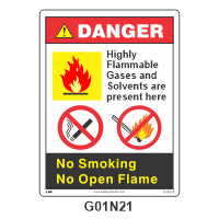 Safety Decals DANGER  Highly Flammable Gases and Solvents are present here. No Smoking. No Open Flame.