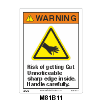 Safety Decals WARNING. Risk of getting Cut. Unnoticeable sharp edge inside. Handle carefully.