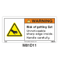 Safety Decals WARNING. Risk of getting Cut. Unnoticeable sharp edge inside. Handle carefully.