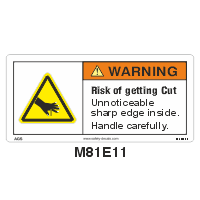 Safety Decals WARNING. Risk of getting Cut. Unnoticeable sharp edge inside. Handle carefully.