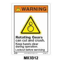 Safety Decals Rotating Gears can cut and crush. Keep hands clear during operation. Lock-out before servicing.