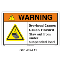 Safety Decals WARNING. Overhead Cranes. Crush Hazard. Stay out from under suspended load.