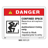 Safety Decals DANGER. CONFINED SPACE. Hazardous atmosphere inside. Authorized Entry only. Permit to Work required prior to entry. 