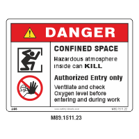 Safety Decals DANGER. CONFINED SPACE. Hazardous atmosphere inside can KILL. Authorized Entry only. Ventilate and check Oxygen level before entering and during work.     
