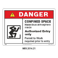 Safety Decals DANGER. CONFINED SPACE. Hazardous atmosphere inside. Authorized Entry only. Permit to Work required prior to entry. 