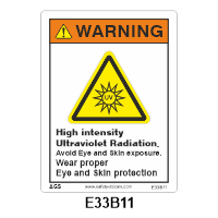 Safety Decals WARNING. High intensity Ultraviolet Radiation. Avoid Eye and Skin exposure. Wear proper Eye and Skin protection