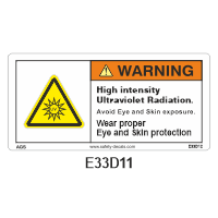 Safety Decals WARNING. High intensity Ultraviolet Radiation. Avoid Eye and Skin exposure. Wear proper Eye and Skin protection
