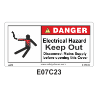 Safety Decals DANGER. Electrical Hazard. Keep Out. Disconnect Mains Supply before opening this cover.