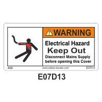 Safety Decals WARNING. Electrical Hazard. Keep Out. Disconnect Mains Supply before opening this cover.