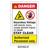Safety Decals DANGER. Hazardous Voltage will shock, burn or cause death. STAY CLEAR. Authorized Personnel only