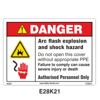 Safety Decals DANGER. Arc flash explosion and shock hazard. Do not open this cover without Appropriate PPE.  Failure to comply can cause severe injury or death. Authorised Personnel only. 