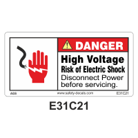 Safety Decals DANGER.  High Voltage. Risk of Electric Shock. Disconnect Power before servicing.              
