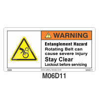 Safety Decals WARNING. Entanglement Hazard. Moving Belt can cause severe injury. Stay Clear. Lockout before servicing 