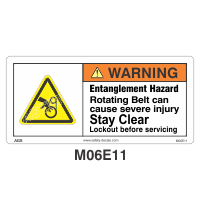 Safety Decals WARNING.  Entanglement Hazard. Rotating Belt can cause severe injury. Stay Clear. Lockout before servicing          