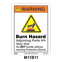 Safety Decals WARNING. Burn Hazard. Adjoining Parts are very Hot, Do Not handle without protective wearing gloves
