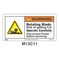 Safety Decals WARNING. Rotating Blade. Risk of getting Cut. Operate Carefully. Disconnect Power before servicing.
