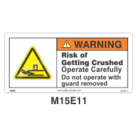 Safety Decals WARNING. Risk of Getting Crushed. Operate Carefully. Do Not operate with guard removed.