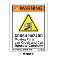 Safety Decals WARNING. CRUSH HAZARD. Moving parts can crush and cut. Operate carefully