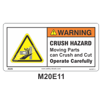Safety Decals WARNING.  CRUSH HAZARD. Moving parts can crush and cut. Operate carefully