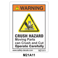 Safety Decals  WARNING. CRUSH HAZARD. Moving parts can crush and cut. Operate Carefully