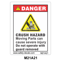 Safety Decals  DANGER. CRUSH HAZARD. Moving parts can cause severe injury. Do not operate with guard removed
