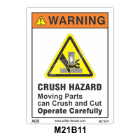 Safety Decals  WARNING. CRUSH HAZARD. Moving parts can crush and cut. Operate Carefully       m21b11