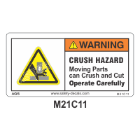 Safety Decals WARNING. CRUSH HAZARD. Moving parts can crush and cut. Operate Carefully