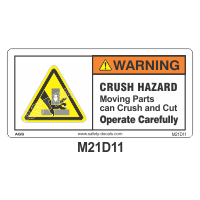 Safety Decals WARNING. CRUSH HAZARD. Moving parts can crush and cut.  Operate Carefully