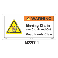 Safety Decals WARNING. Moving Chain can Crush and Cut. Keep hands clear.