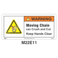 Safety Decals WARNING. Moving Chain can Crush and Cut. Keep hands clear. 