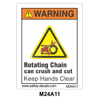 Safety Decals WARNING. Rotating Chain can crush and cut,  Keep Hands Clear     