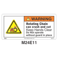 Safety Decals WARNING. Rotating Chain can crush and cut. Keep Hands clear. Do not operate without guard in place      