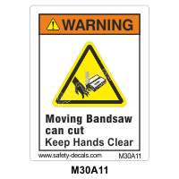 Safety Decals WARNING. Moving Bandsaw can cut. Keep Hands Clear.