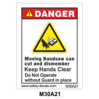 Safety Decals DANGER. Moving Bandsaw can cut and dismember. Keep Hands Clear. Do Not Operate without Guard in place.