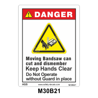 Safety Decals DANGER. Moving Bandsaw can cut and dismember. Keep Hands Clear. Do Not Operate without Guard in place.