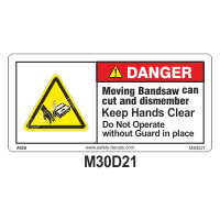 Safety Decals DANGER. Moving Bandsaw can cut and dismember. Keep Hands Clear. Do Not Operate without Guard in place.