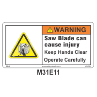 Safety Decals WARNING.  Saw Blade can cause injury. Keep Hands Clear. Operate Carefully