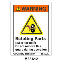 Safety Decals WARNING. Rotating Parts can crush. Do not remove this guard during operation.  