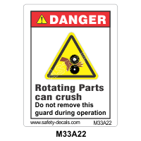 Safety Decals DANGER. Rotating Parts can crush. Do not remove this guard during operation. 