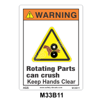 Safety Decals WARNING. Rotating Parts can crush. Keep Hands Clear.