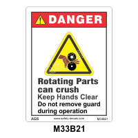 Safety Decals DANGER. Rotating Parts can crush. Keep Hands Clear. Do not remove guard during operation.
