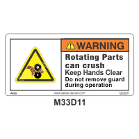 Safety Decals WARNING. Rotating Parts can crush. Keep Hands Clear. Do not remove guard during operation.