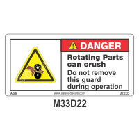 Safety Decals DANGER. Rotating Parts can crush. Do not remove this guard during operation.