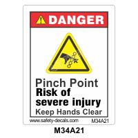 Safety Decals DANGER.  Pinch Point. Risk of Severe injury. Keep Hands Clear 
